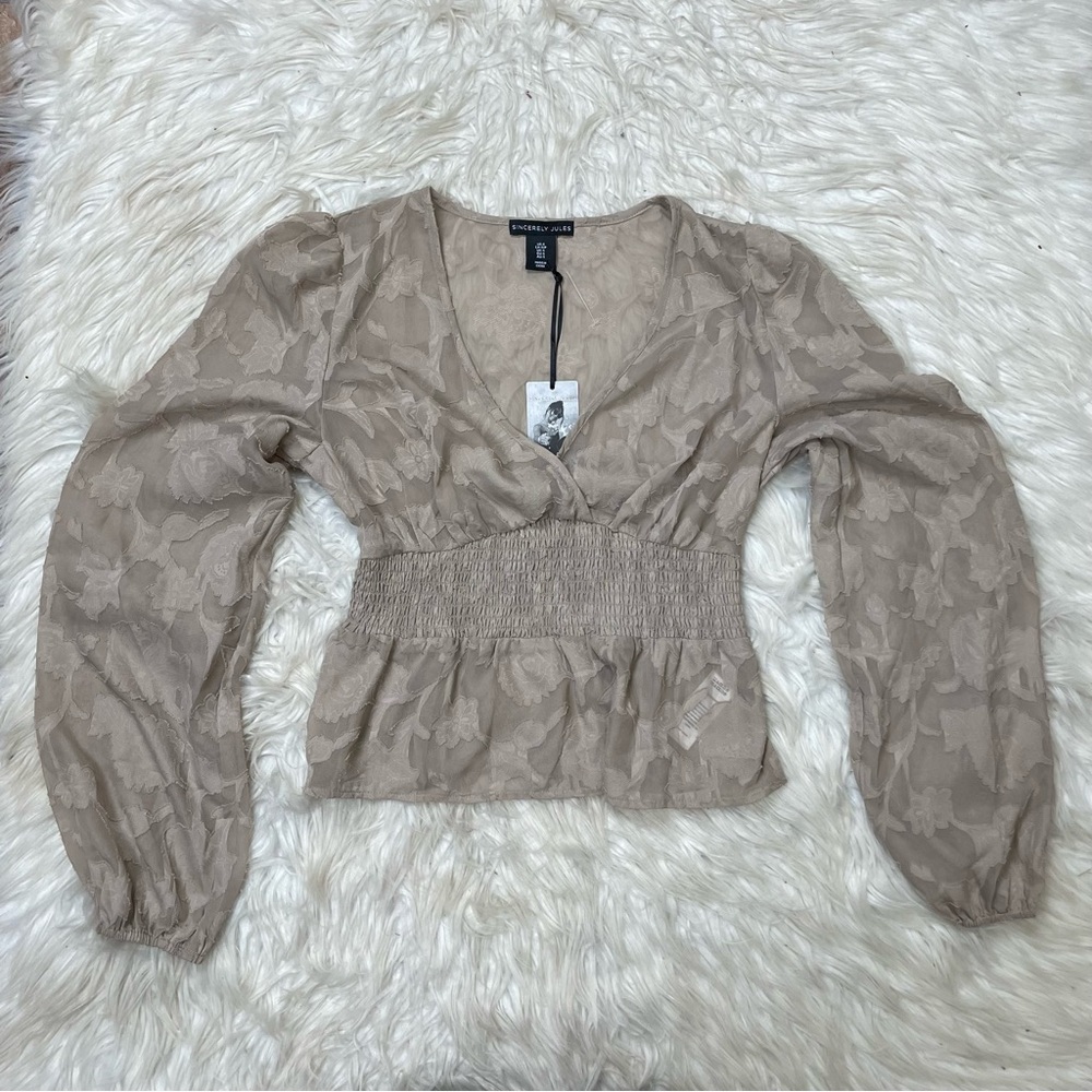Sincerely Jules Smocked Blouse Womens Small Beige Tan Floral Sheer Crop Top Boho